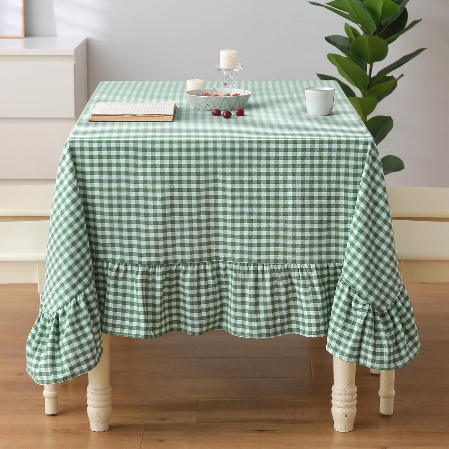 Blush White Gingham Ruffled Table Cloth Rectangular 120“x60” | 100% Washed Cotton, for Seat 8-10, Buffet Picnic Baby Shower Party Tablecloth, Decorative Checker Plaid Farmhouse Table Cover
