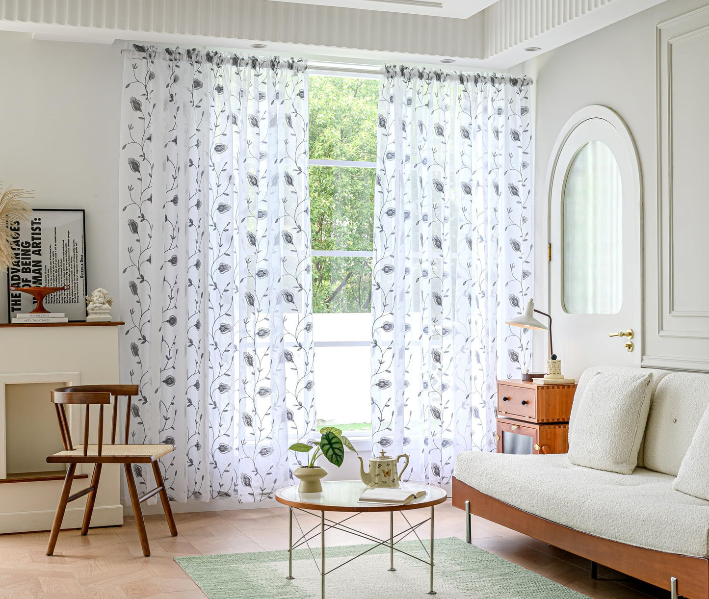 MYSTIC-HOME Sheer Curtains White 63 Inch Length, Rod Pocket Voile Drapes for Living Room, Bedroom, Window Treatments Semi Crinkle Curtain Panels for Yard, Patio, Villa, Parlor, Set of 2, 52"x 63"