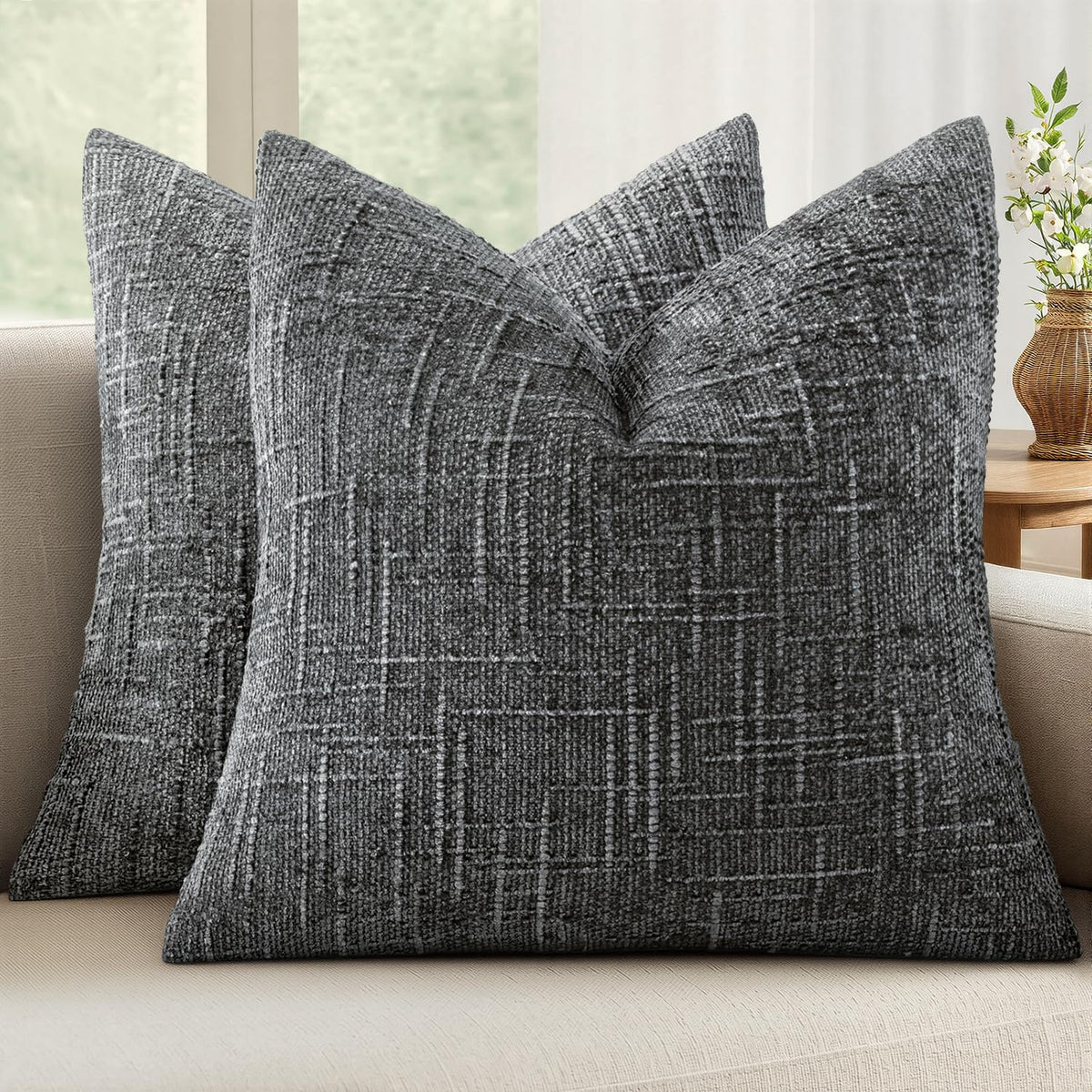 MIULEE Chenille Textured Throw Pillow Covers Cream White 18x18 Set of 2 | Slubby Decorative Pillows, Boho Farmhouse Home Decor, Modern Neutral Cushion Covers for Couch Sofa Bed Living Room