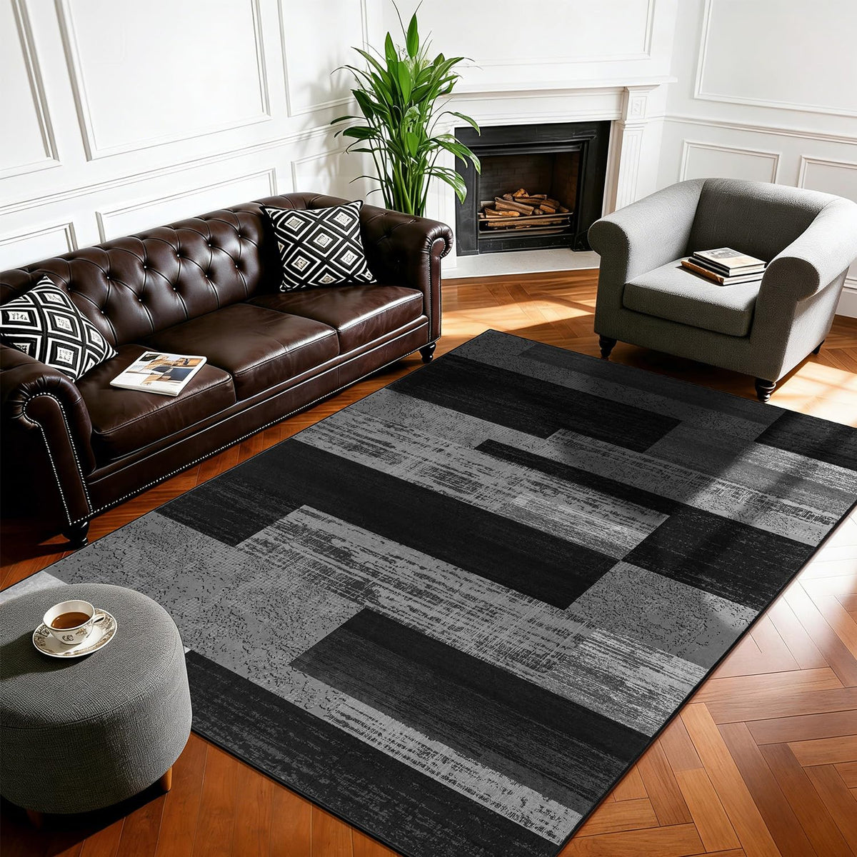 LIANLAM 8x10 Washable Area Rugs for Living Room & Bedroom(8x10,Black&Gray) | Non-Slip Large Carpet,Vintage Checkered Pattern, Stain Resistant Faux Wool Low Pile Soft Rug for Dining Room,Office,Nursery