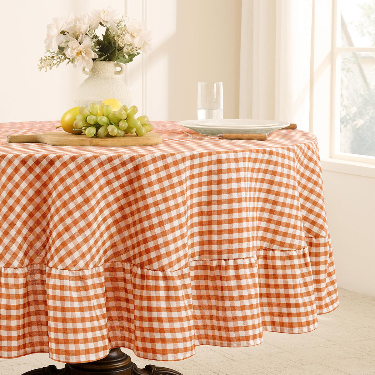 Romanstile Gingham Ruffled Tablecloth Rectangle, 60 x 84 Inch, Sage Green | Waterproof Checkered Table Cloth, Polyester-cotton, Farmhouse Plaid Table Cover for Outdoor, Picnic, Camping, Party