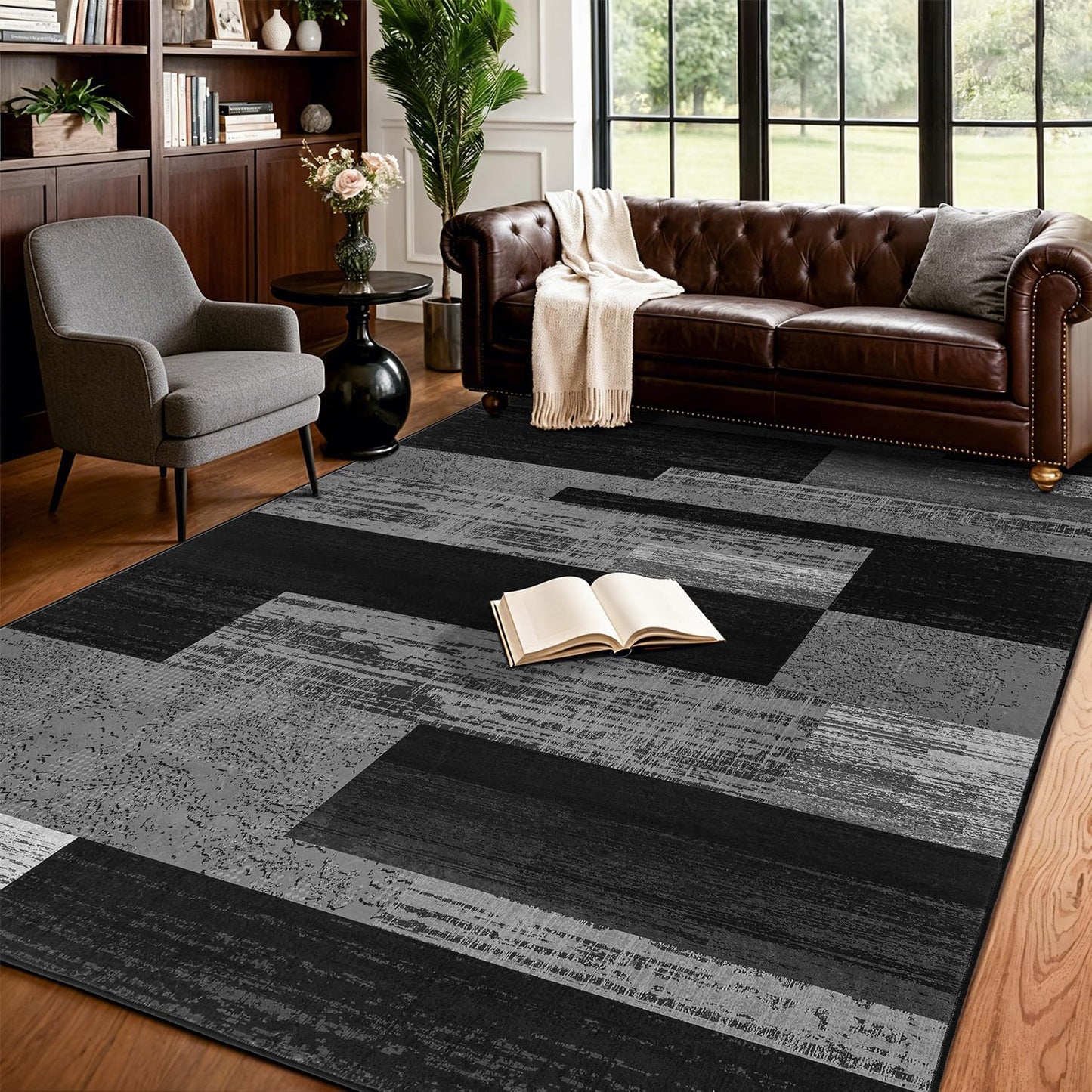 LIANLAM 8x10 Washable Area Rugs for Living Room & Bedroom(8x10,Black&Gray) | Non-Slip Large Carpet,Vintage Checkered Pattern, Stain Resistant Faux Wool Low Pile Soft Rug for Dining Room,Office,Nursery