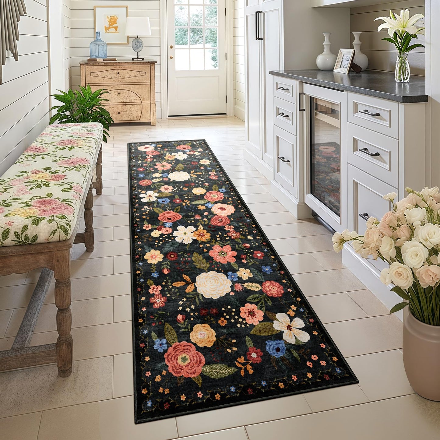 5x7 Washable Area Rug Green Boho Floral for Living Room Bedroom Nursery | Carpet for Dining Room, Soft Low-Pile Non-Slip Faux Wool, Farmhouse Indoor, Kid & Pet Friendly, Stain, Fade & Wear Resistant