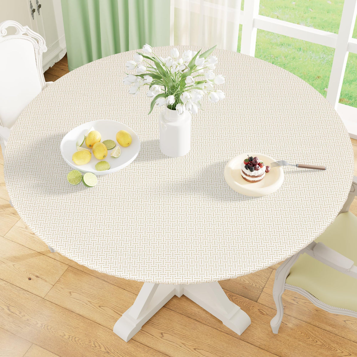 Round Fitted Tablecloth with Elastic Edge, 100% Waterproof Oil Proof Plastic Table Cover, Vinyl Flannel Backed Tablecloth Fits 36"-44" Round Tables for Dinner, Outdoor, Picnic, Oak Wooden Grain
