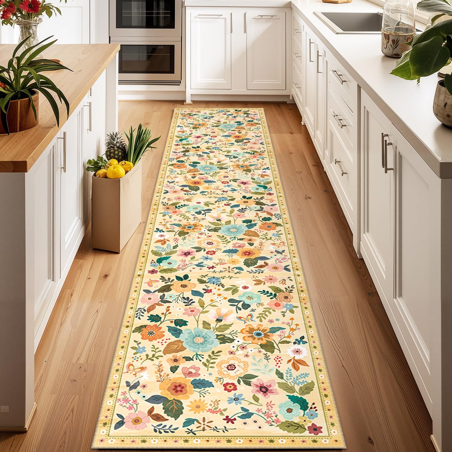 RELEANY Floral Washable 5x7 Area Rugs Beige/White/Orange | Flower Carpet, Print, Boho, Non-Slip, Easy to Clean, Soft, Low Pile for Living Room Bedroom Kitchen Office Entryway Hallway