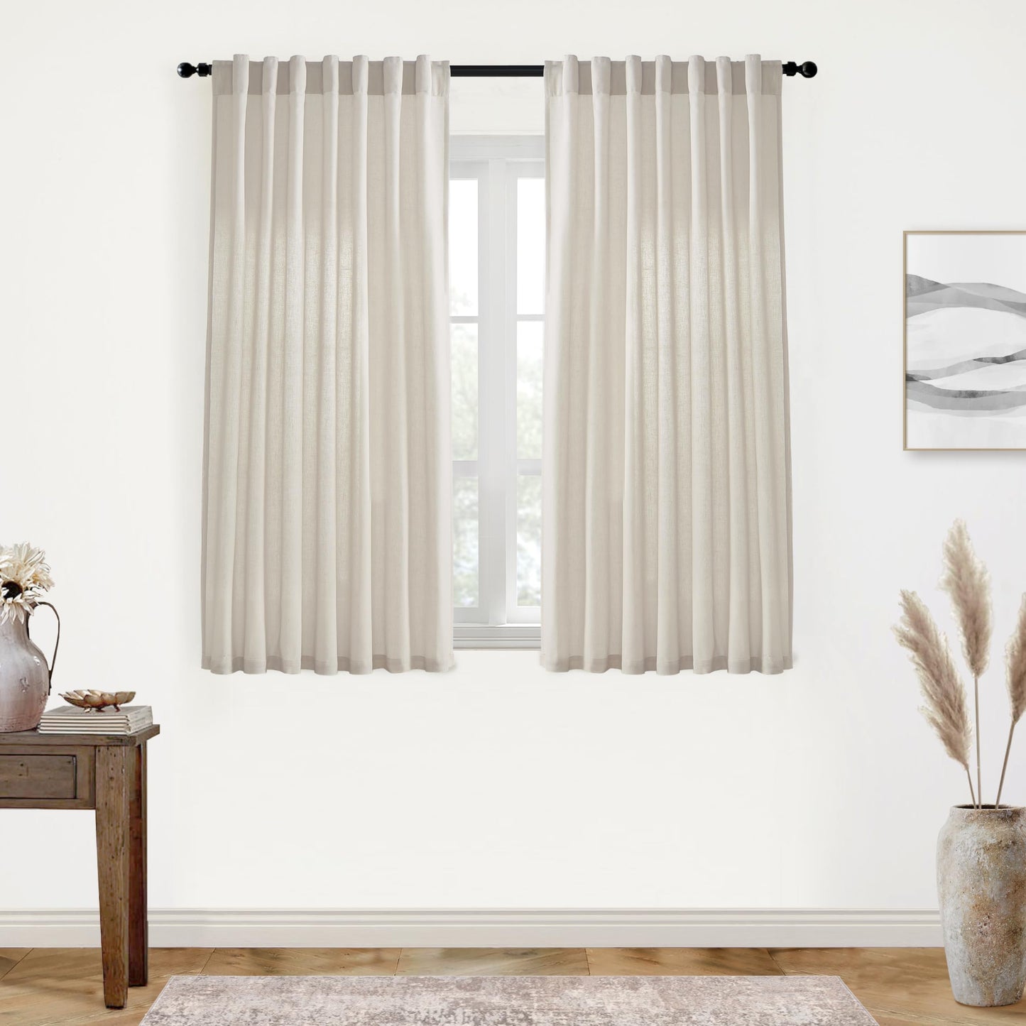 Linen Cotton Curtains for Living Room, Cream Off White Natural Fabric Light Filtering Semi Sheer Curtains 84 Inches Long, Ivory Pleated Farmhouse Curtain Drapes 84 Inch Length 2 Panels Set Dining Room
