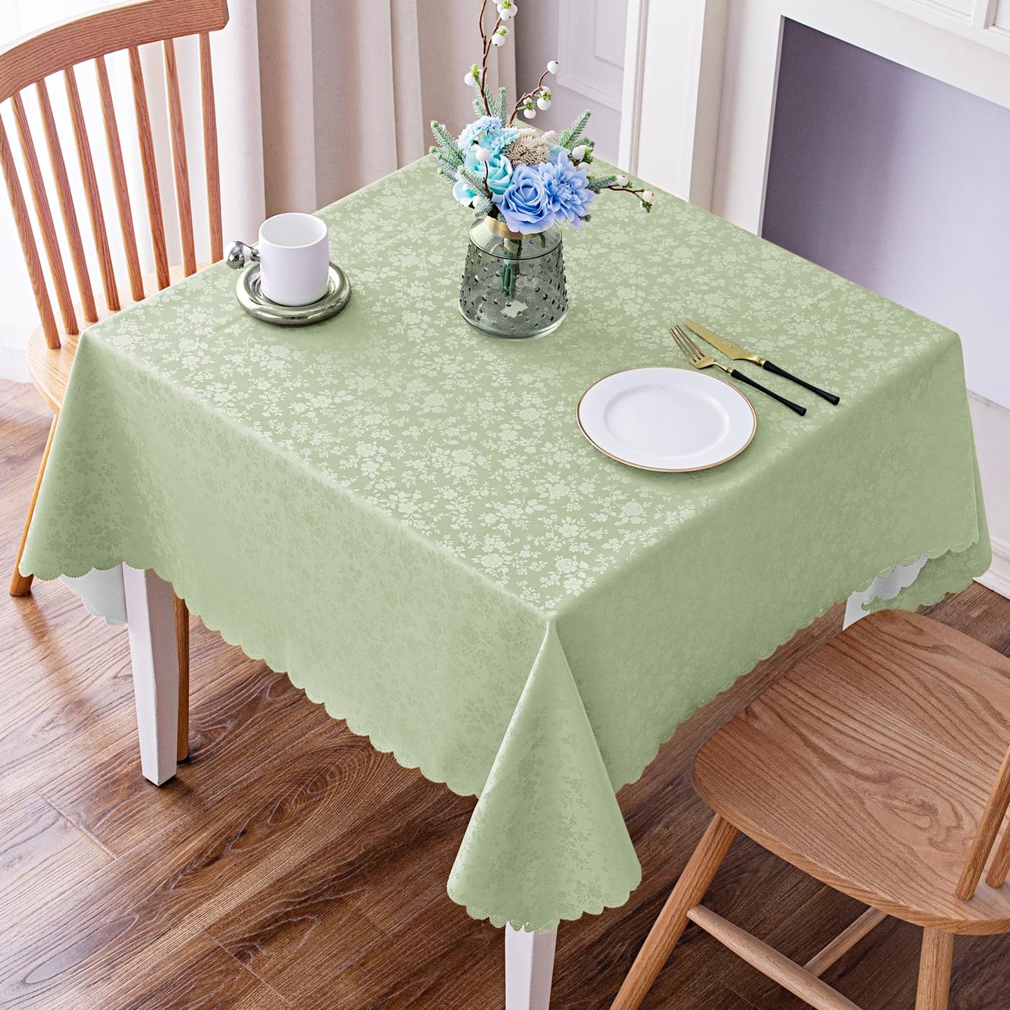 Smiry Rectangle Waterproof Heavy Duty Vinyl Tablecloths, 60 x 84 Inch | Wipeable Washable Floral Embossed Table Cover for Kitchen and Dining Room, Indoor & Outdoor Use, Beige