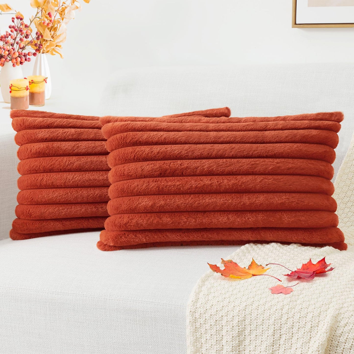Pallene Faux Fur Decorative Throw Pillow Covers 18x18 Set of 2, Cream White | Luxury Plush Texture, Striped Design, Cozy Soft Touch, Modern Home Accent Decor for Couch, Sofa, Bed, Living Room