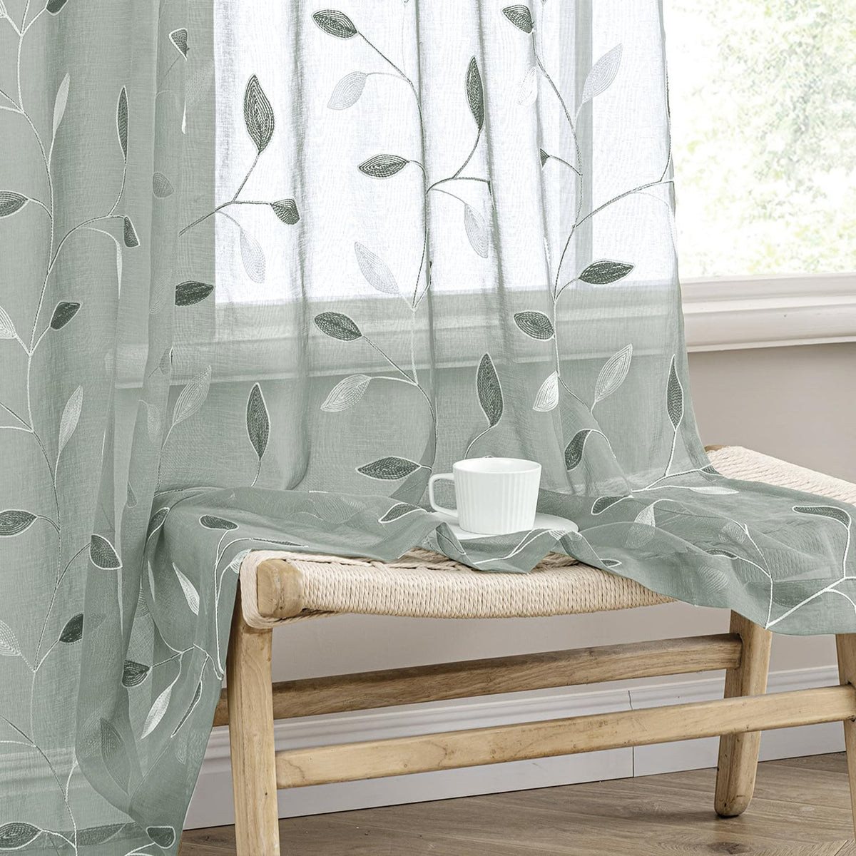 MIULEE Sage Green Sheer Curtains 2 Panels Leaf Patterned, W52 x L84 | Embroidered Floral Semi Sheer,Rod Pocket,Faux Linen,Short Window Curtains Drapes Set for Kitchen/Bathroom/Cafe