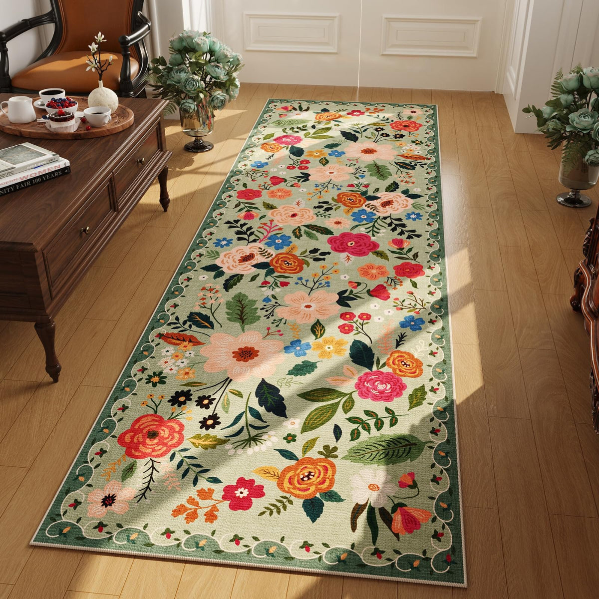 Rugcomf Living Room Rug 5x7 Rug Machine Washable Boho Area Rug Non Slip Floral Vintage Low Pile Large Rugs for Living Room, Bedroom, Farmhouse, Dining Room, Kids Playroom(Black)