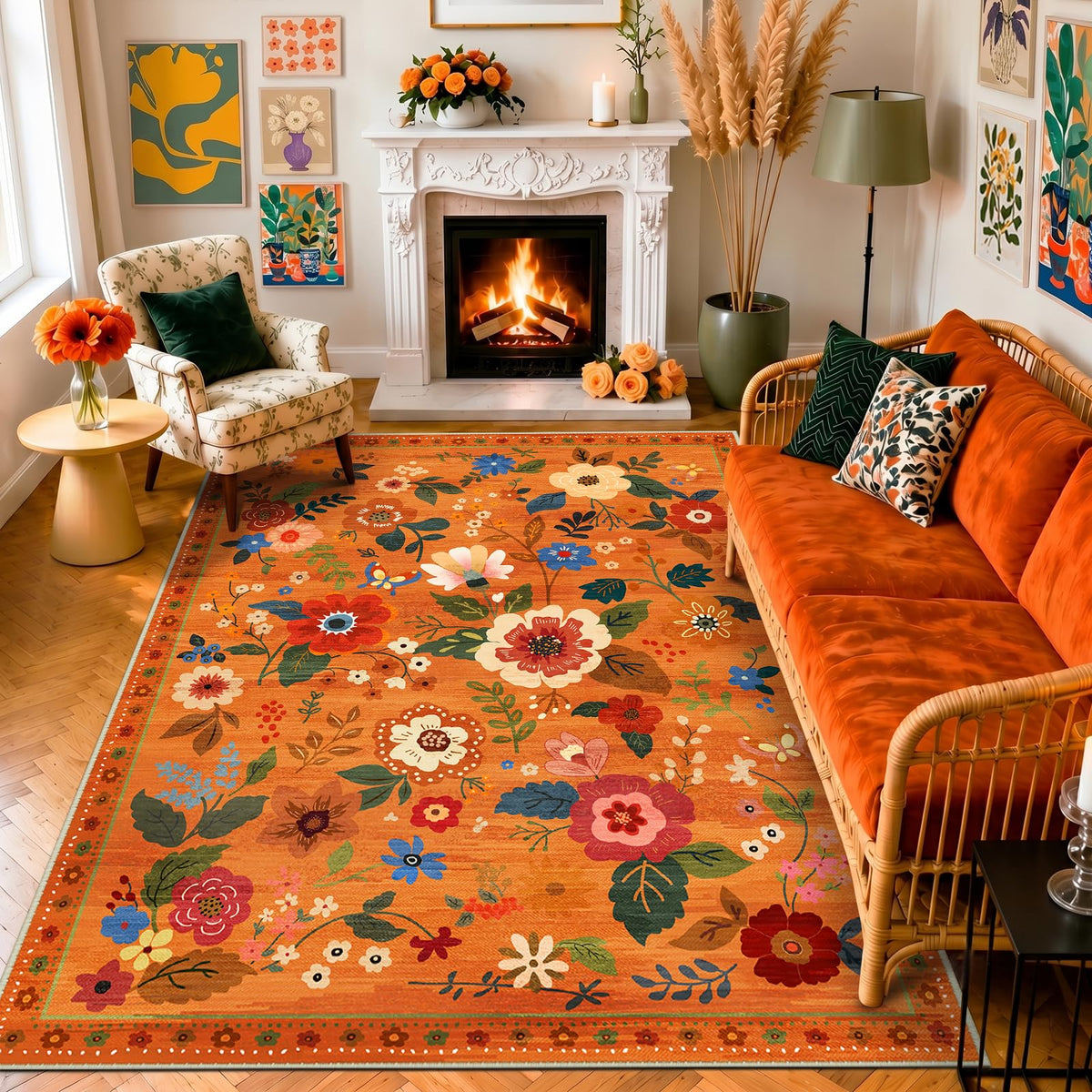 RELEANY Floral Washable 5x7 Area Rugs Black | Flower Carpet, Print, Boho, Non-Slip, Easy to Clean, Soft, Low Pile for Living Room Bedroom Kitchen Office Entryway Hallway
