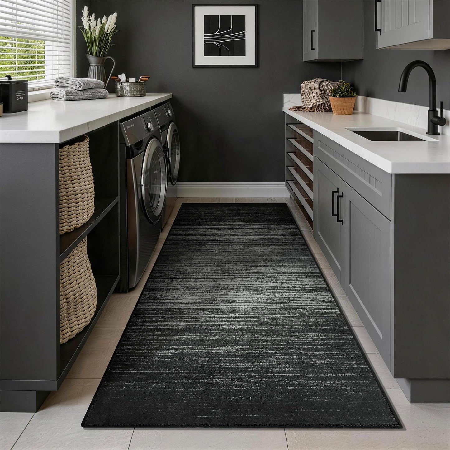 8x10 Washable Area Rug, Black Solid Area Rugs for Living Room & Bedroom | Stain-resistant & Non-slip backing,Low Pile Washable Large Carpet, Solid Vintage Style For High Traffic Areas(8x10,Black)