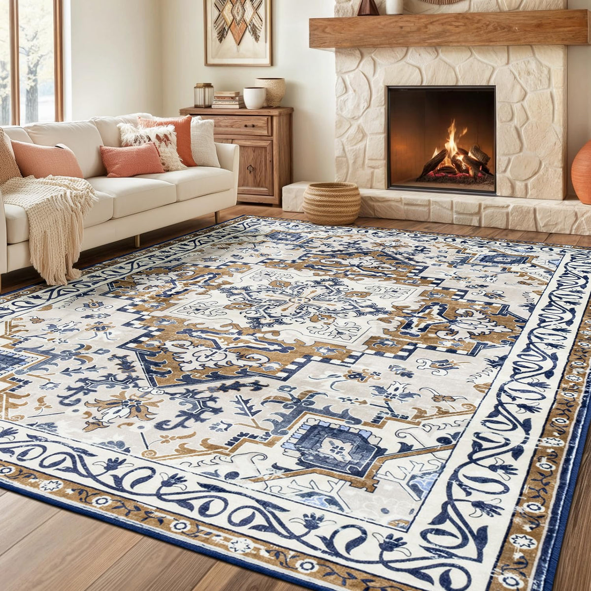 Rugflix 8x10 Area Rugs for Living Room, Washable Large Rug Stain-Resistant Low Pile, Modern Dark Carpet for Dining Room Home Office Kid Room Nursery Bedroom, Navy Blue/Black