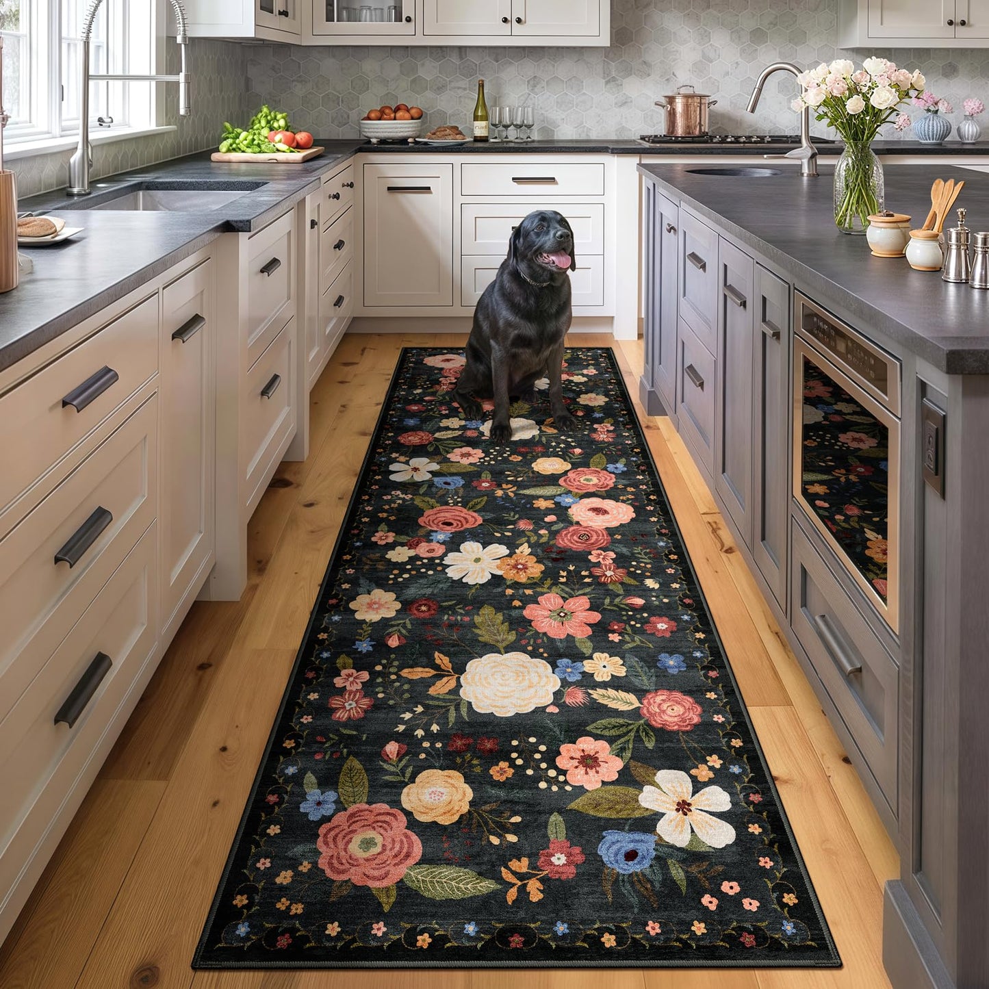 5x7 Washable Area Rug Green Boho Floral for Living Room Bedroom Nursery | Carpet for Dining Room, Soft Low-Pile Non-Slip Faux Wool, Farmhouse Indoor, Kid & Pet Friendly, Stain, Fade & Wear Resistant