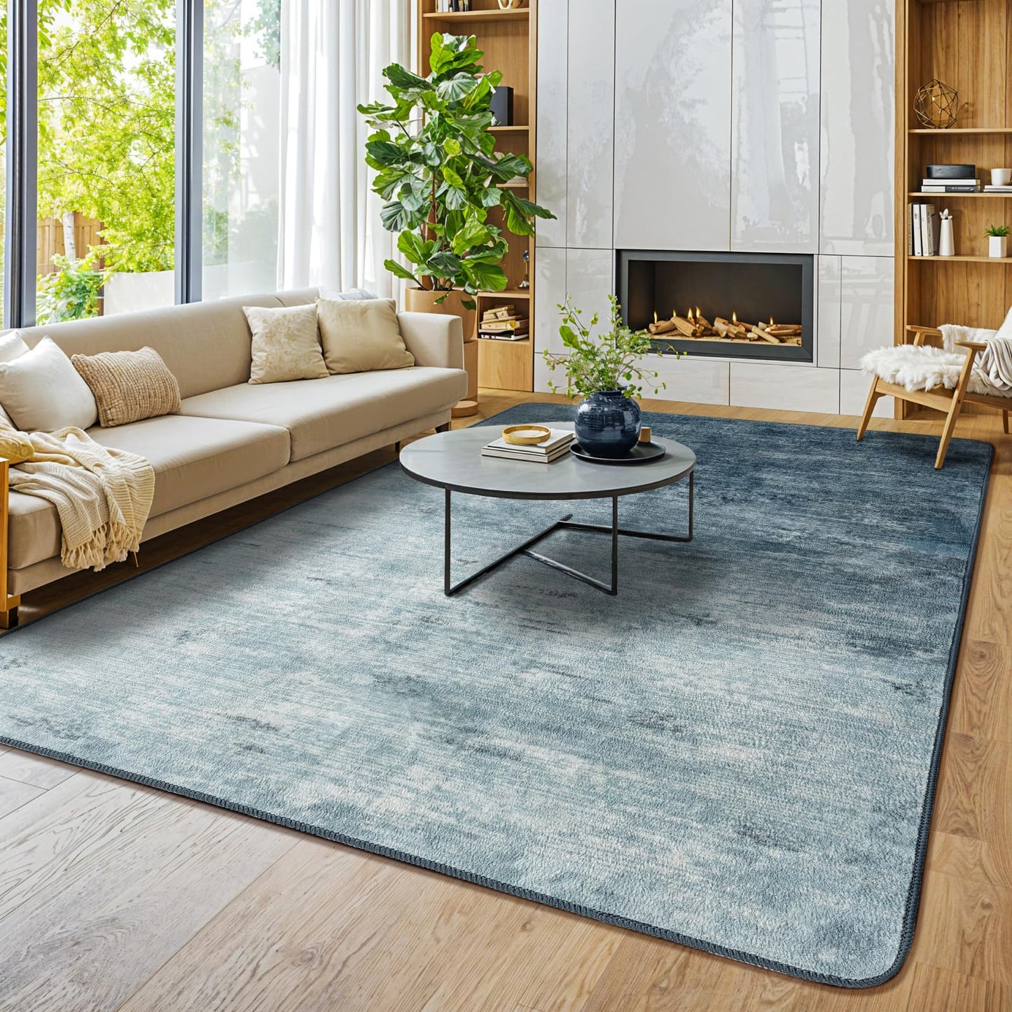 8x10 Washable Area Rug, Black Solid Area Rugs for Living Room & Bedroom | Stain-resistant & Non-slip backing,Low Pile Washable Large Carpet, Solid Vintage Style For High Traffic Areas(8x10,Black)