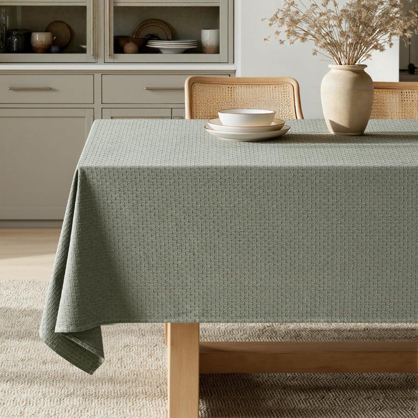 MIULEE Natural Beige Linen Cotton Table Cloth Rectangle Tablecloth Spring Waterproof Spillproof Cross-Star Textured Table Cloth Decorative Farmhouse Style for Dining Party Weddings 52x70 Inch