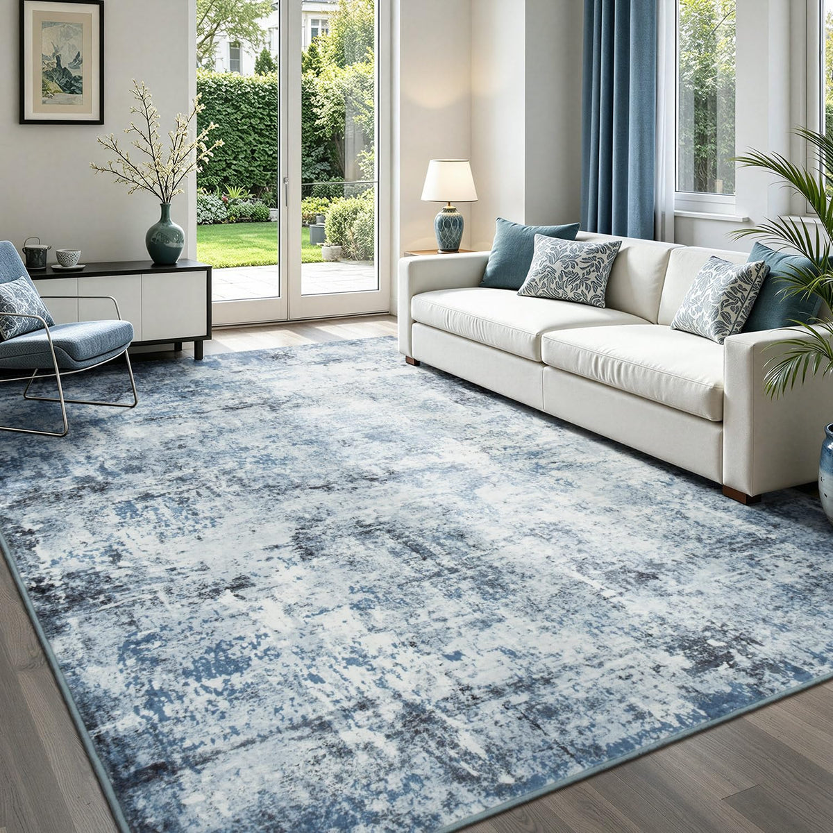Rugflix 8x10 Area Rugs for Living Room, Washable Large Rug Stain-Resistant Low Pile, Modern Dark Carpet for Dining Room Home Office Kid Room Nursery Bedroom, Navy Blue/Black