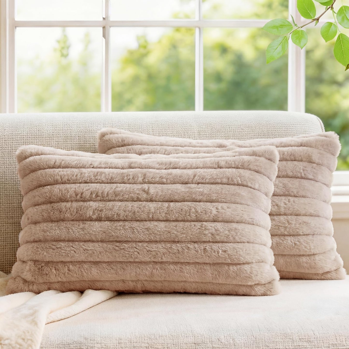 Pack of 2 Throw Pillow Covers 18x18 Decorative Solid Plush Faux Fur with Soft Velvet Back, Square Striped Cushion Cases Modern Farmhouse Home Decor for Living Room Couch Sofa Bed Cream White