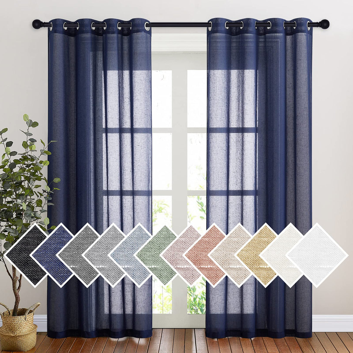 NICETOWN White Sheer Linen Curtains for Living Room 84 inch Length 2 Panels Set, Grommet Semi Sheer Privacy with Light Filtering Flax Window Treatments for Bedroom, W52 x L84