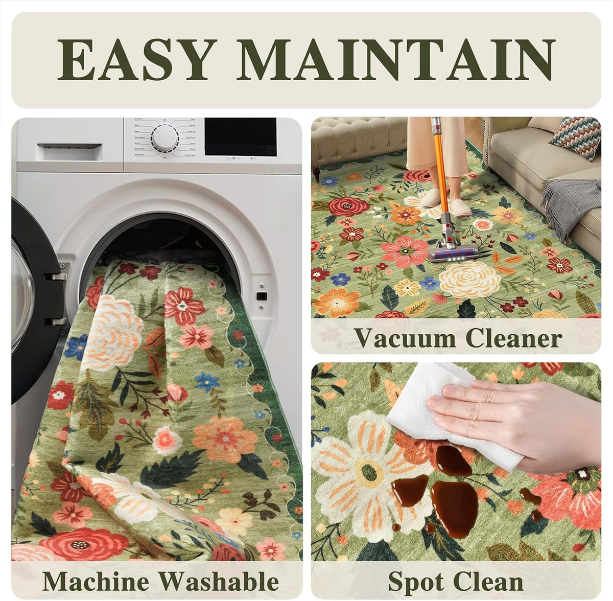 5x7 Washable Area Rug Green Boho Floral for Living Room Bedroom Nursery | Carpet for Dining Room, Soft Low-Pile Non-Slip Faux Wool, Farmhouse Indoor, Kid & Pet Friendly, Stain, Fade & Wear Resistant