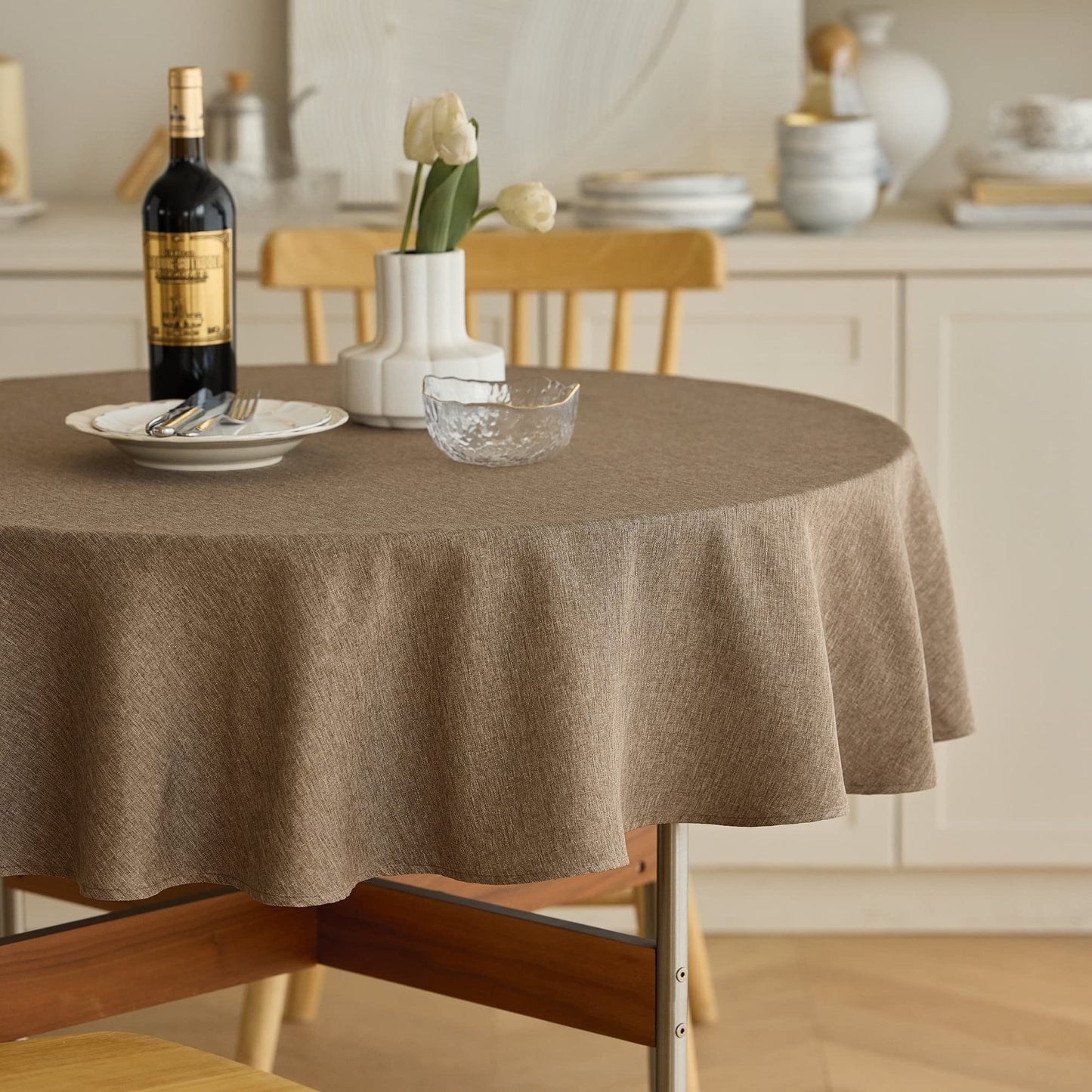 Decorelia Faux Linen Round Tablecloths 60 inch, Waterproof Decorative Washable Texture Rustic Circle Table Cloth Cover for Dining Kitchen Party Farmhouse Outdoor(Round (2-4 Seats),Sage Green)
