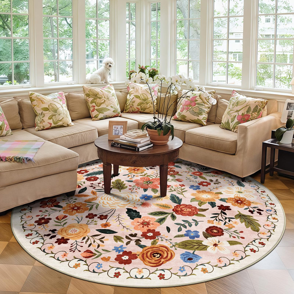 5x7 Washable Area Rug Green Boho Floral for Living Room Bedroom Nursery | Carpet for Dining Room, Soft Low-Pile Non-Slip Faux Wool, Farmhouse Indoor, Kid & Pet Friendly, Stain, Fade & Wear Resistant