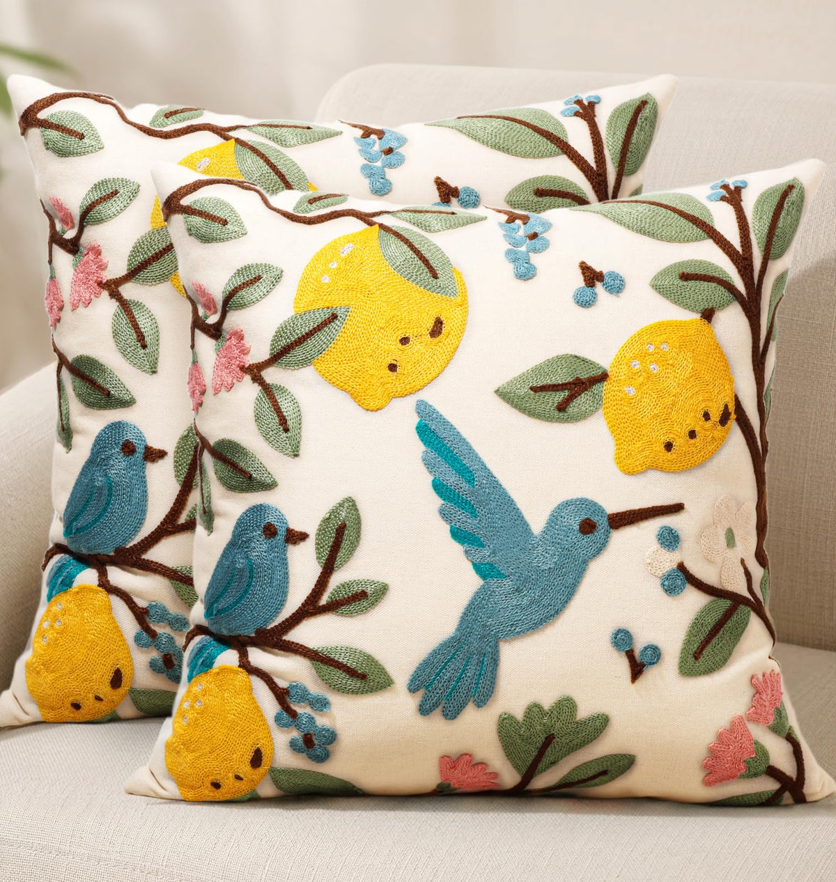 Embroidered Throw Pillow Cover 18x18 Inch, Flower Cluster | Decorative Pillow Cover, Floral Farmhouse Cushion Case with Hidden Zipper, Home Decor for Couch, Sofa, Living Room, Bedroom