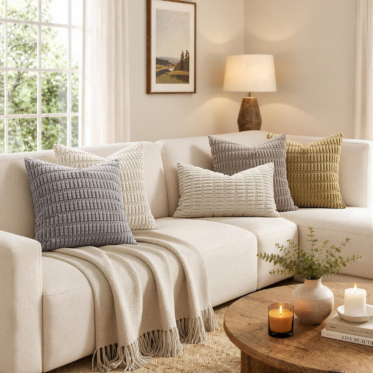 MIULEE Corduroy Decorative Throw Pillow Covers 18x18 Cream White Pack of 2 | Soft Boho Striped Pillow Covers Modern Farmhouse Home Decor For Sofa Living Room Couch Bed