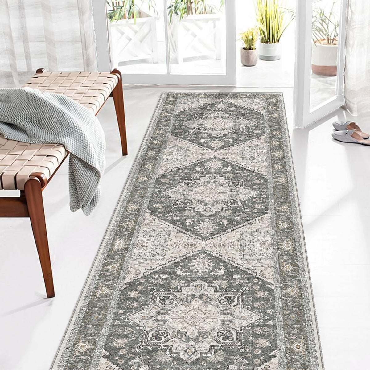 OPPODREAM Soft Area Rugs 5x7, Persian-Inspired Washable Rug, Blue & Gold | Low-Pile Faux Cashmere Surface, TPR Non-Slip Backing, 5 x 7 Carpet for Bedroom, Office, Dorm, Dining Room