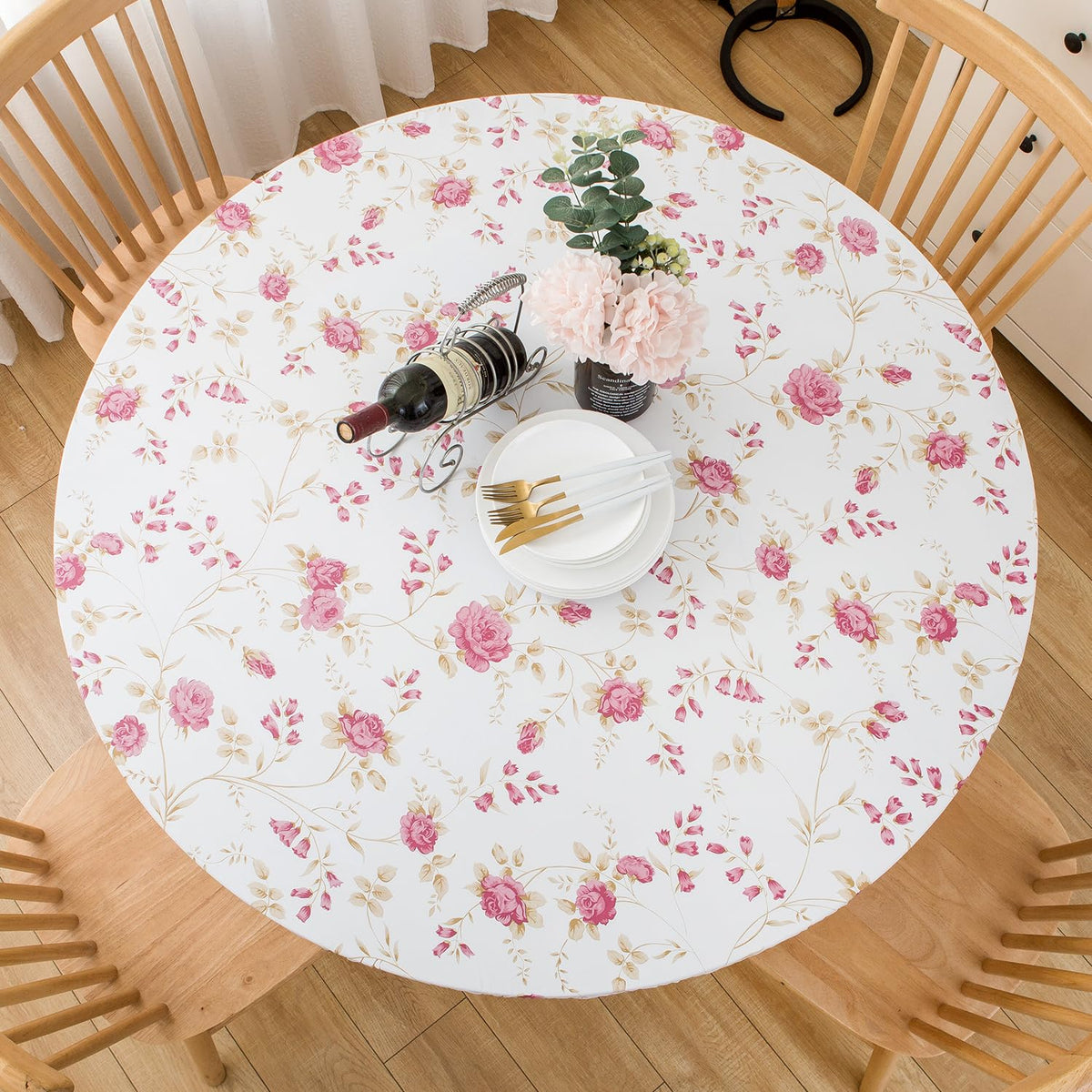 Pioggia Round Vinyl Fitted Tablecloth with Flannel Backing Elastic Table Cloth Waterproof Oil-Proof Plastic Table Cover Best for 45"-56" Round