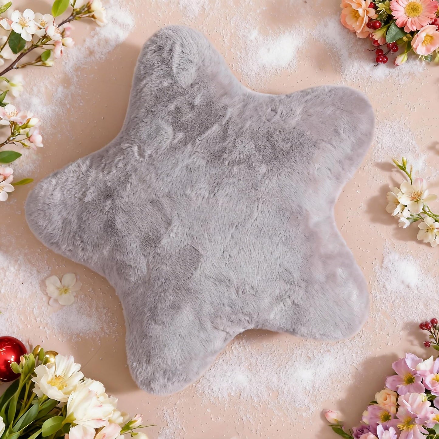 YRXRUS Star Pillows, Light Pink Star Shaped Pillow, Decorative Throw Pillow Gifts, Cute Plush Room Decor, Fluffy Faux Rabbit Fur 14"x14"Pillows for Living Bedroom