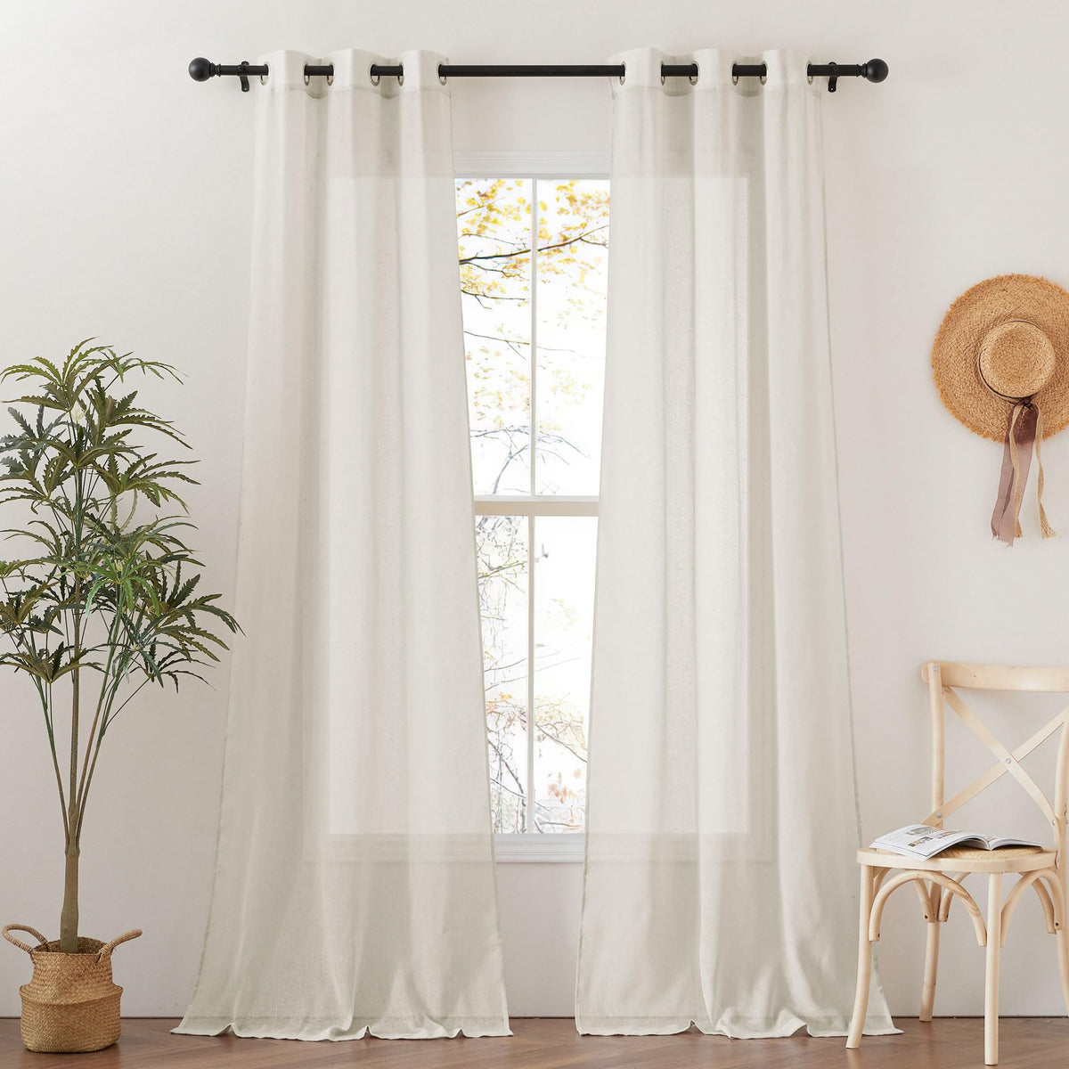 NICETOWN White Sheer Linen Curtains for Living Room 84 inch Length 2 Panels Set, Grommet Semi Sheer Privacy with Light Filtering Flax Window Treatments for Bedroom, W52 x L84