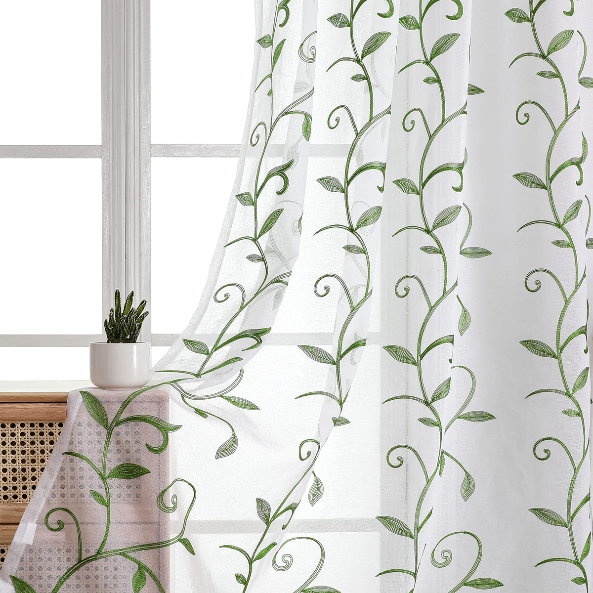 Sheer Curtains Boho Leaf Floral Embroidered Cream Beige 54Wx84L | Light Filtering Semi Sheer Voile Curtains With Design, Rod Pocket Window Drapes for Bedroom Living Room 2 Panels