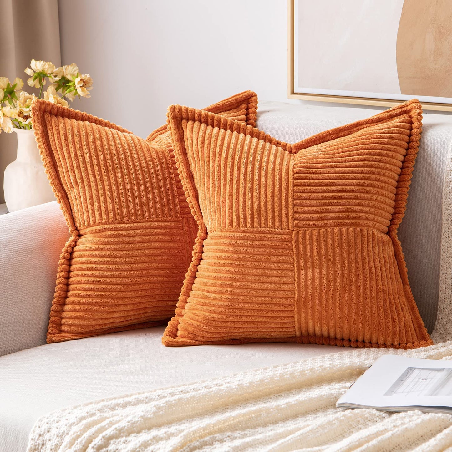 MIULEE Decorative Throw Pillow Covers for Couch 18x18 Inch Beige 2 Pack | Boho Broadside Striped Patchwork Pillow Covers, Soft Corduroy Cushion Cases, For Sofa Bed Livingroom Home Decor