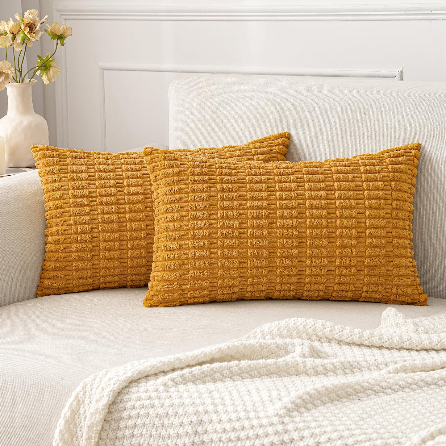 MIULEE Corduroy Decorative Throw Pillow Covers 18x18 Cream White Pack of 2 | Soft Boho Striped Pillow Covers Modern Farmhouse Home Decor For Sofa Living Room Couch Bed