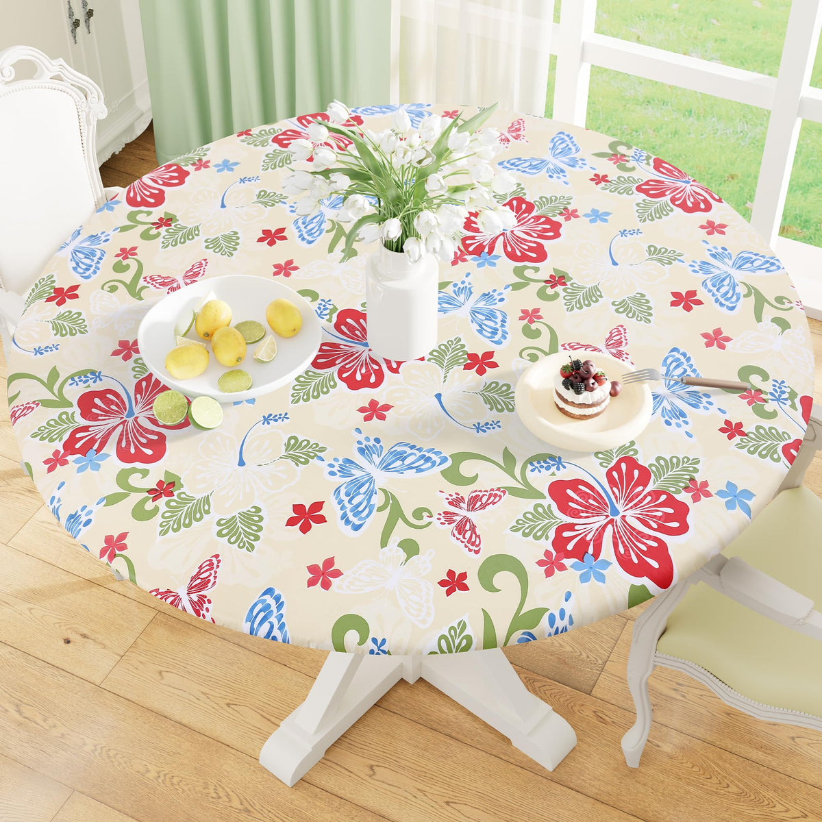 Round Fitted Tablecloth with Elastic Edge, 100% Waterproof Oil Proof Plastic Table Cover, Vinyl Flannel Backed Tablecloth Fits 36"-44" Round Tables for Dinner, Outdoor, Picnic, Oak Wooden Grain