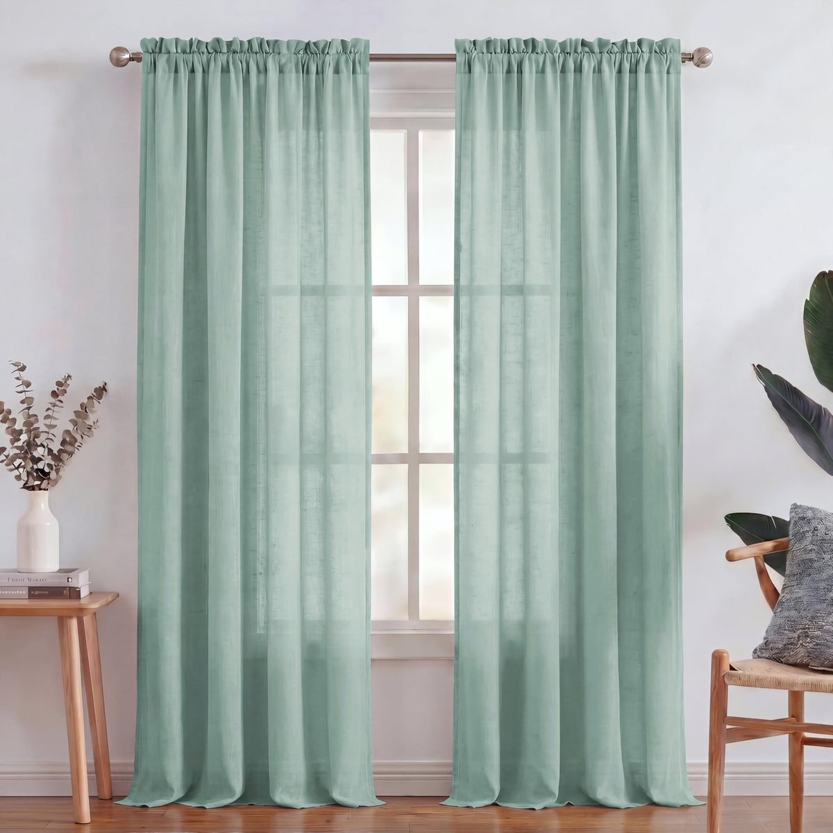 Turquoize White Linen Curtains 96 Inches Long Semi Sheer Curtains Light Filtering Linen Drapes for Living Room/Bedroom 2 Panels Set Rod Pocket Window Treatments Panels,W52 x L96, White