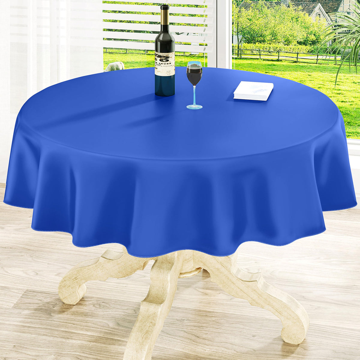 Round Navy Blue Vinyl Waterproof Tablecloth with Flannel Backed | Spillproof Wipe Clean Table Cloth, Plastic Flannel Backing for Dining, Buffet Parties Picnic Camping, 60"