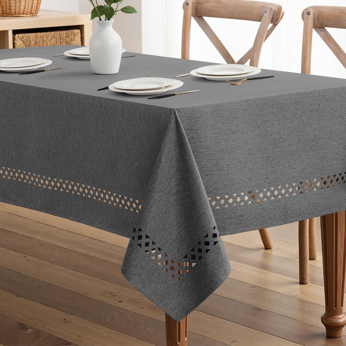 MIULEE Beige Rectangle Tablecloth with Decorative Cutouts 52x70 Inch | Waterproof Stain Resistant & Shrink-Proof Table Cloth, Farmhouse Style, for Dining Wedding Kitchen Party Outdoor