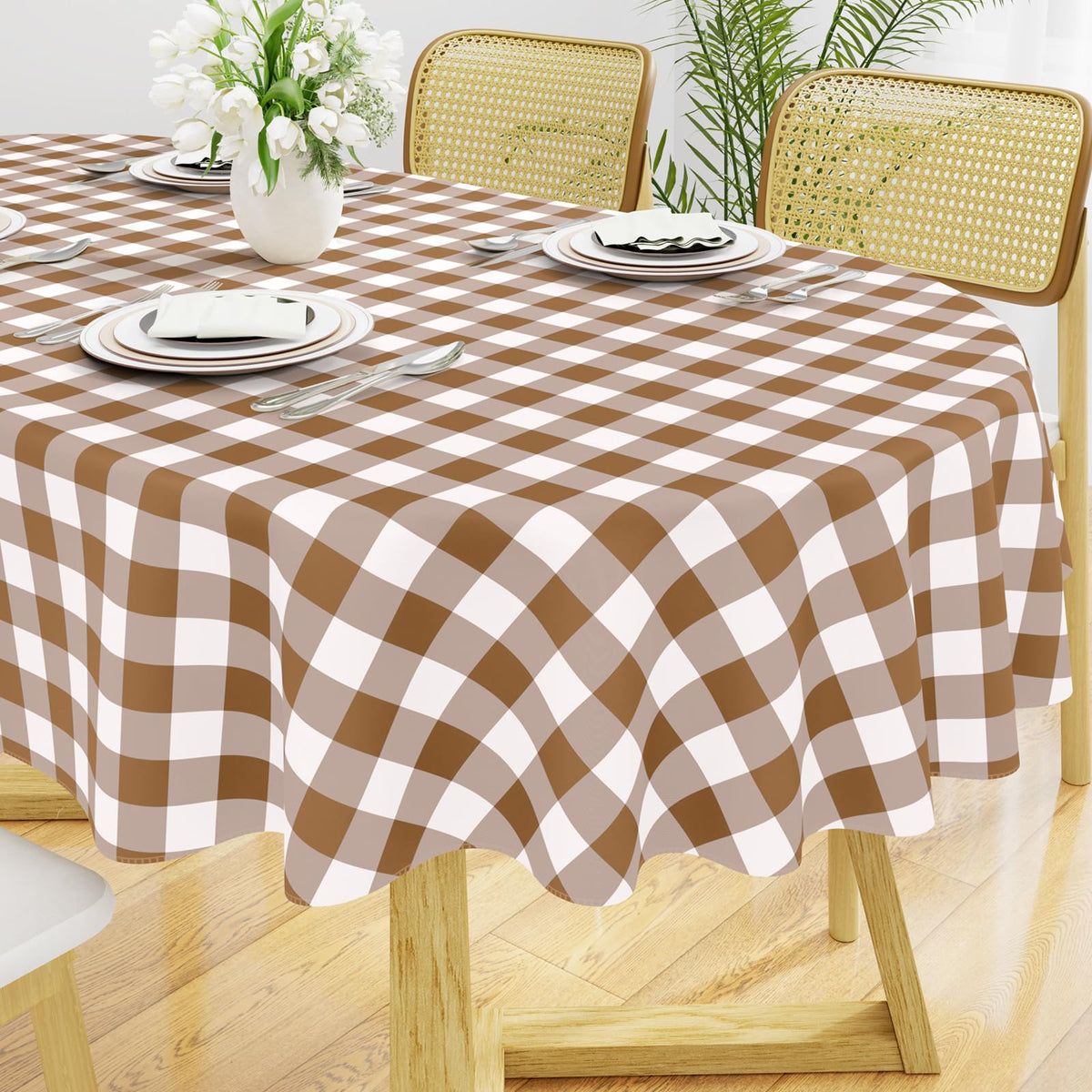 Smiry Picnic Table Cloth, Vinyl Tablecloths with Flannel Backing, 60"x84" | Waterproof Rectangle Table Cloth, Wipeable Buffalo Plaid Table Cover for Indoor and Outdoor (Khaki & White)