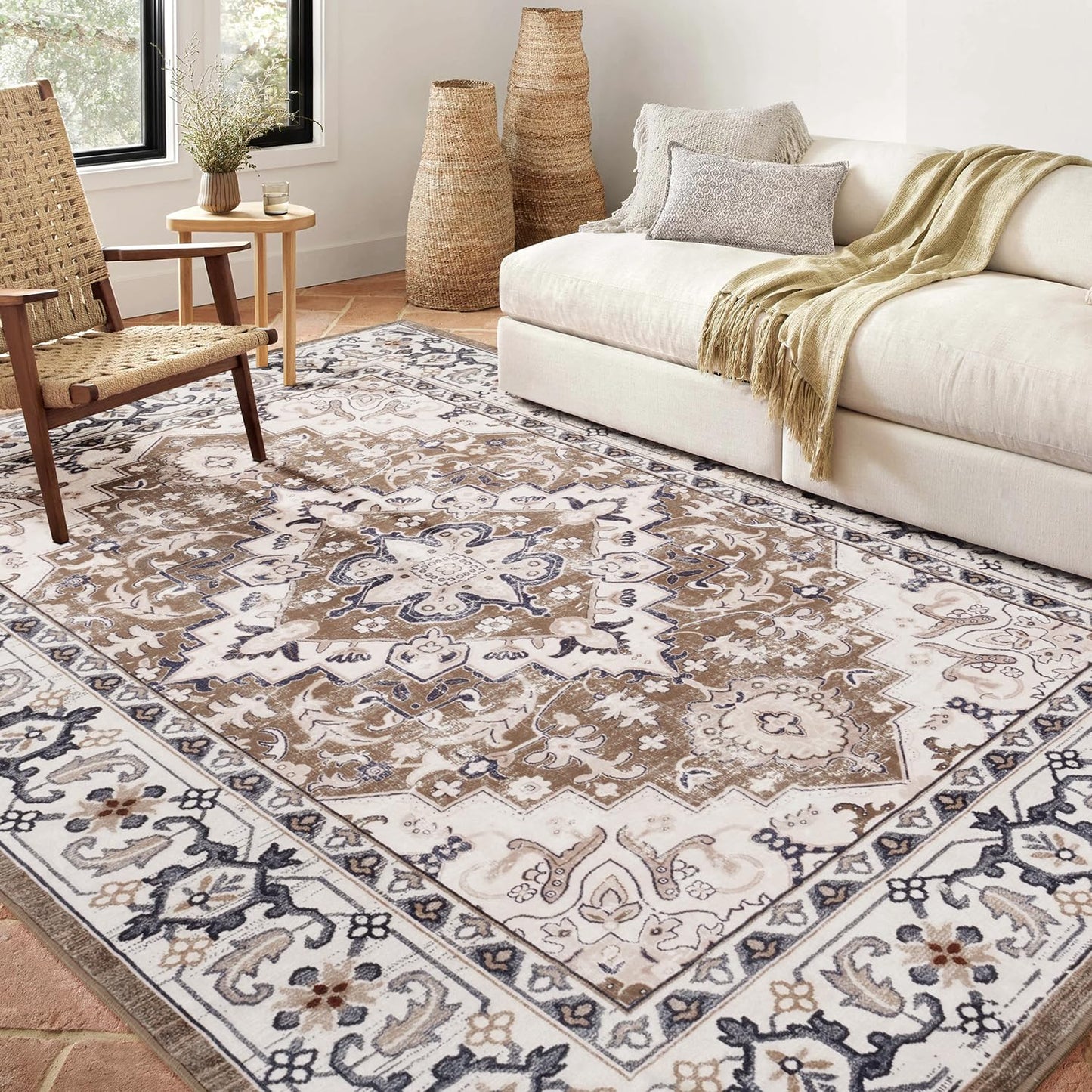 Lofus 5x7 Area Rugs for Living Room Bedroom, Soft Boho Carpet Floral Brown | High-Power Vacuuming, Non-Slip, Low Pile, Stain & Water Repellent, Soft, Skin-Friendly, for Kitchen Entryway Office