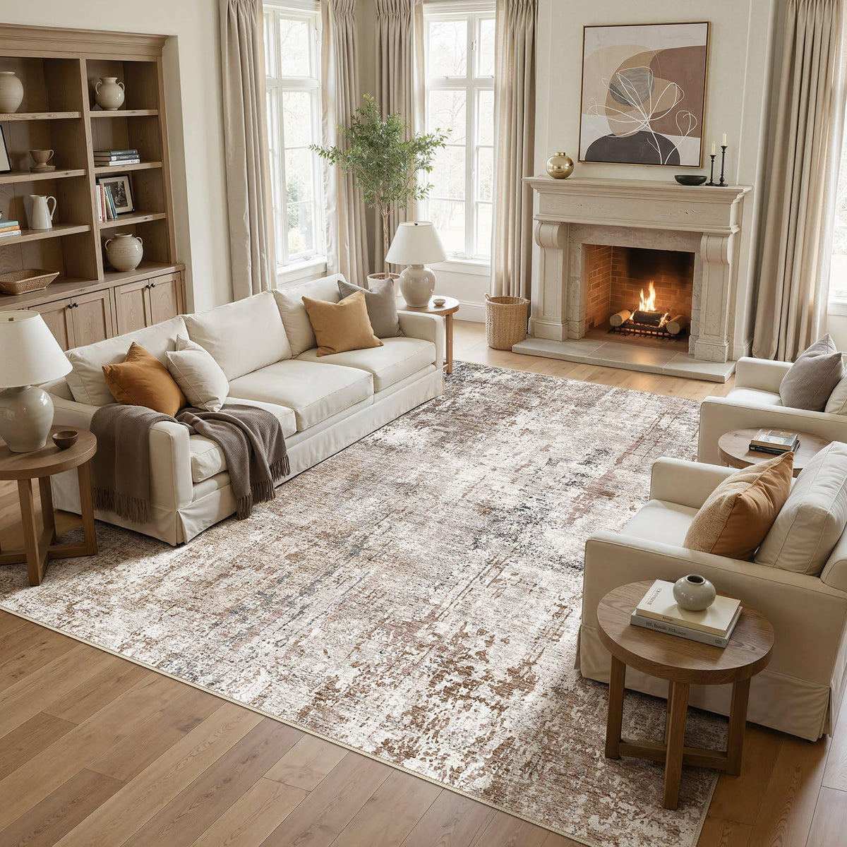 UERMEI 8x10 Area Rug Living Room Rugs - Washable Neutral Modern Abstract Soft Thin Large Rug Indoor Floor No Slip Rug Carpet for Bedroom Under Dining Table Home Office Decor - Brown Grey