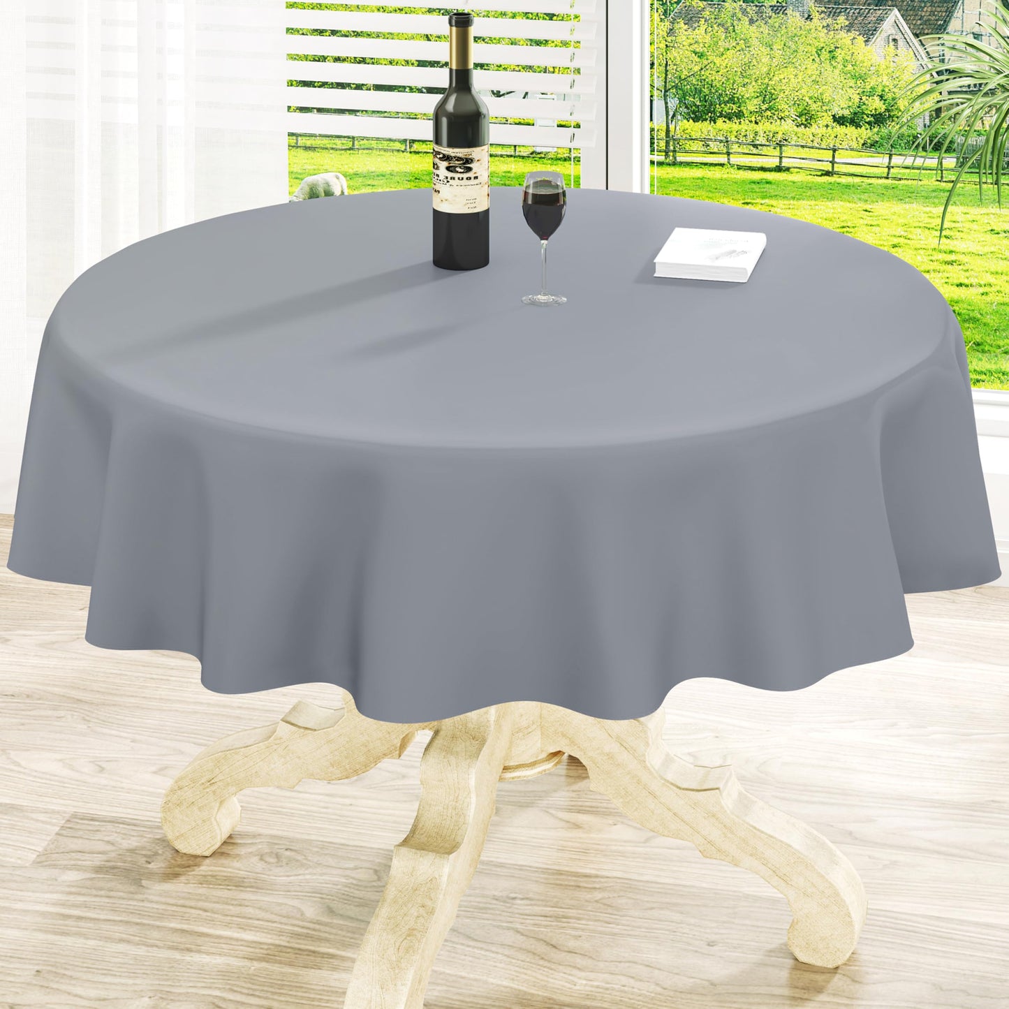 Round Navy Blue Vinyl Waterproof Tablecloth with Flannel Backed | Spillproof Wipe Clean Table Cloth, Plastic Flannel Backing for Dining, Buffet Parties Picnic Camping, 60"