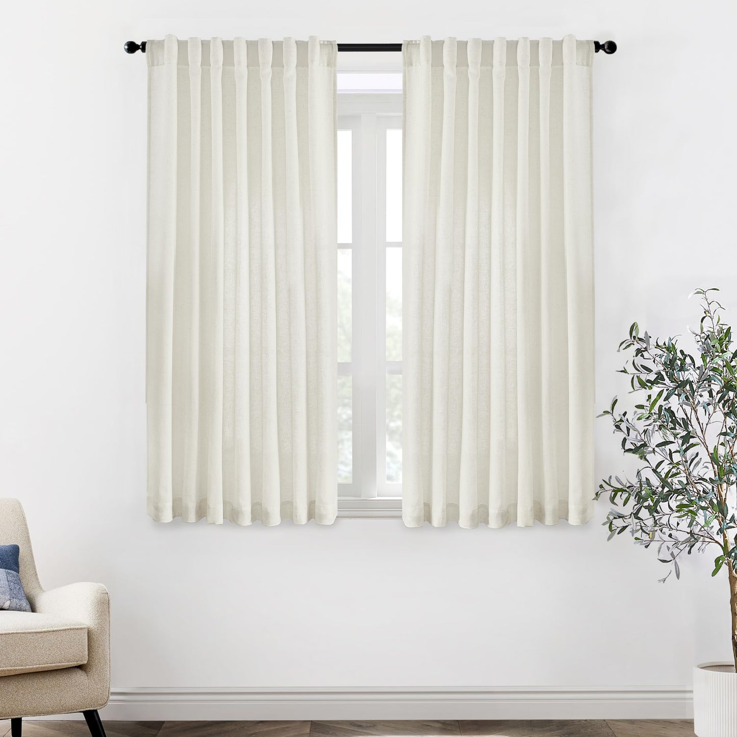 Linen Cotton Curtains for Living Room, Cream Off White Natural Fabric Light Filtering Semi Sheer Curtains 84 Inches Long, Ivory Pleated Farmhouse Curtain Drapes 84 Inch Length 2 Panels Set Dining Room