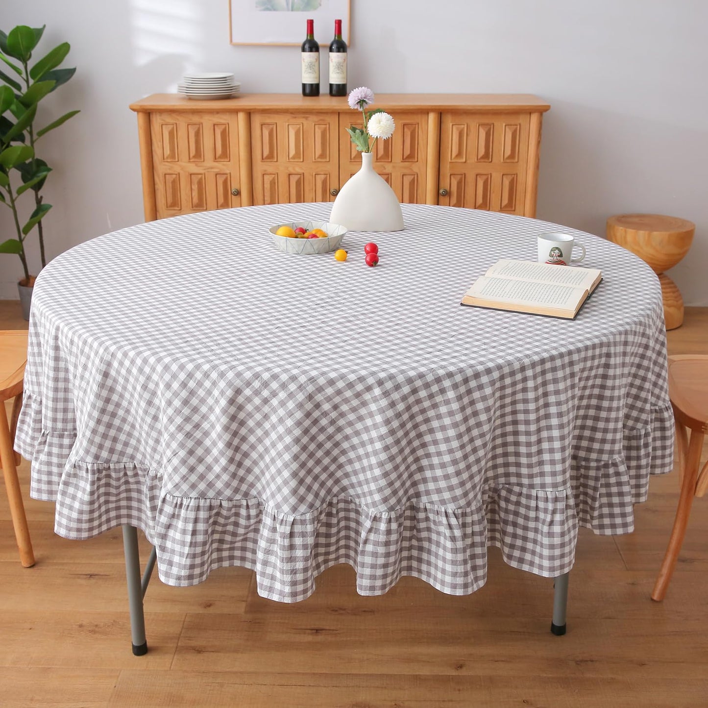 Blush White Gingham Ruffled Table Cloth Rectangular 120“x60” | 100% Washed Cotton, for Seat 8-10, Buffet Picnic Baby Shower Party Tablecloth, Decorative Checker Plaid Farmhouse Table Cover