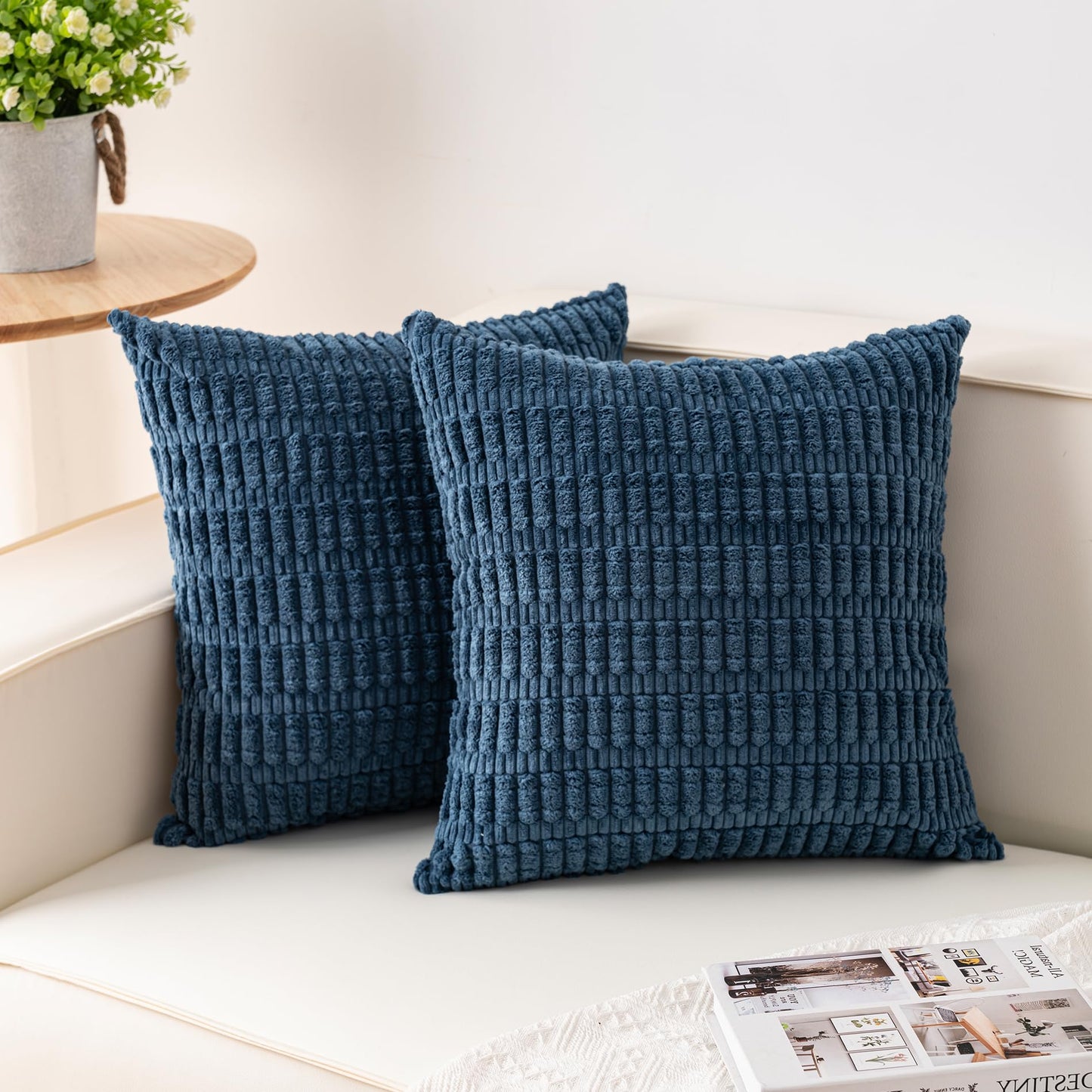 Pack of 2 Corduroy Decorative Throw Pillow Covers 18x18 Inch, Cream White | Fall Soft Striped Pillow Covers Modern Farmhouse Home Decor Christmas Throw Pillow Covers for Sofa Living Room Couch Bed ﻿