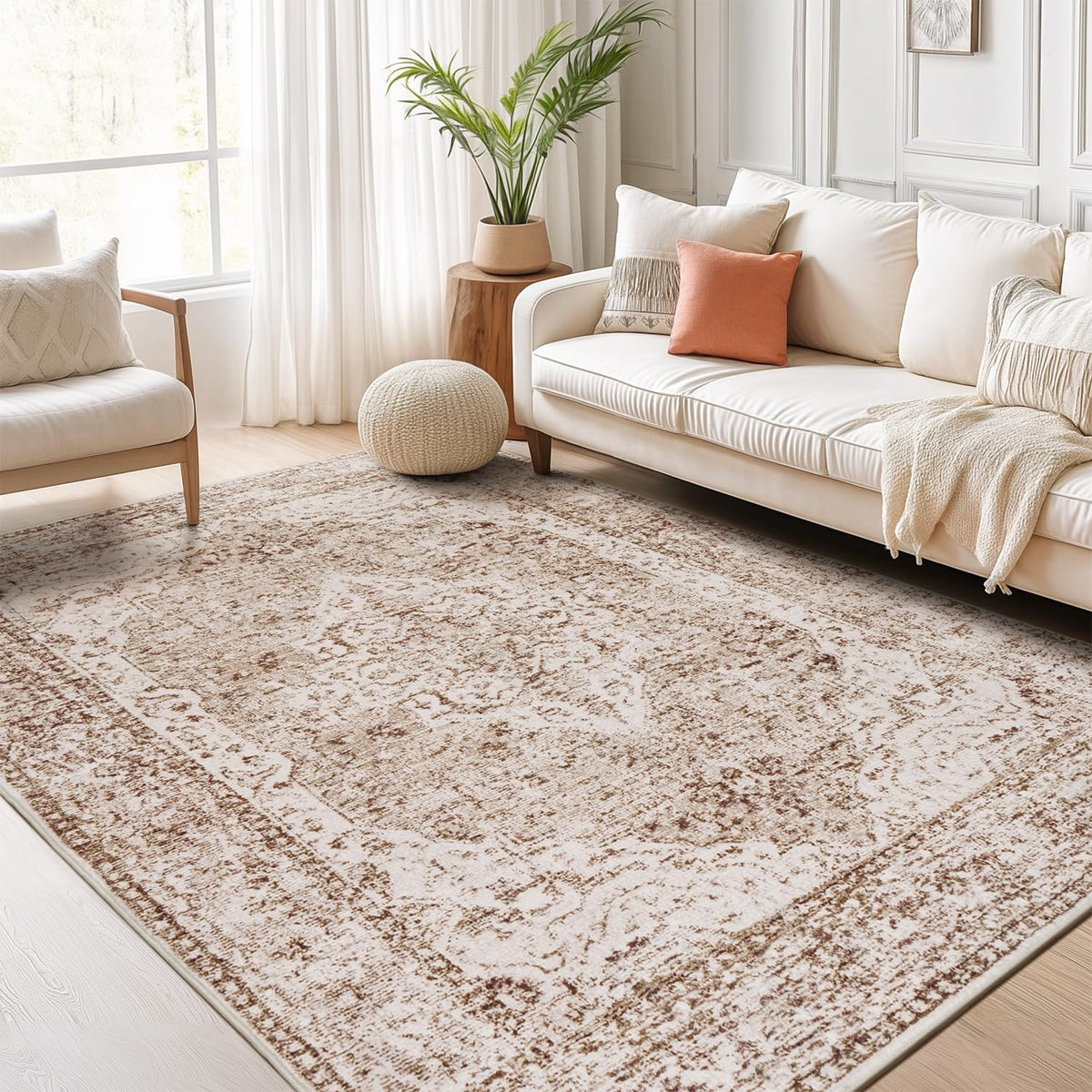 Lofus 5x7 Area Rugs for Living Room Bedroom, Soft Boho Carpet Floral Brown | High-Power Vacuuming, Non-Slip, Low Pile, Stain & Water Repellent, Soft, Skin-Friendly, for Kitchen Entryway Office