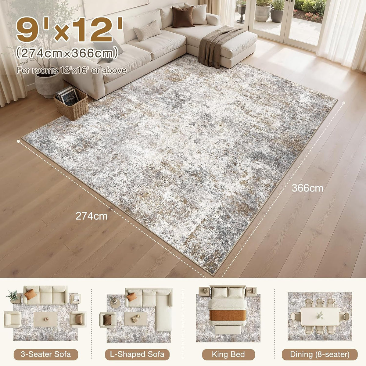 UERMEI 9x12 Area Rug Living Room Rugs - Washable Neutral Modern Abstract Soft Thin Large Rug Indoor Floor No Slip Rug Carpet for Bedroom Under Dining Table Home Office Decor - Brown Grey