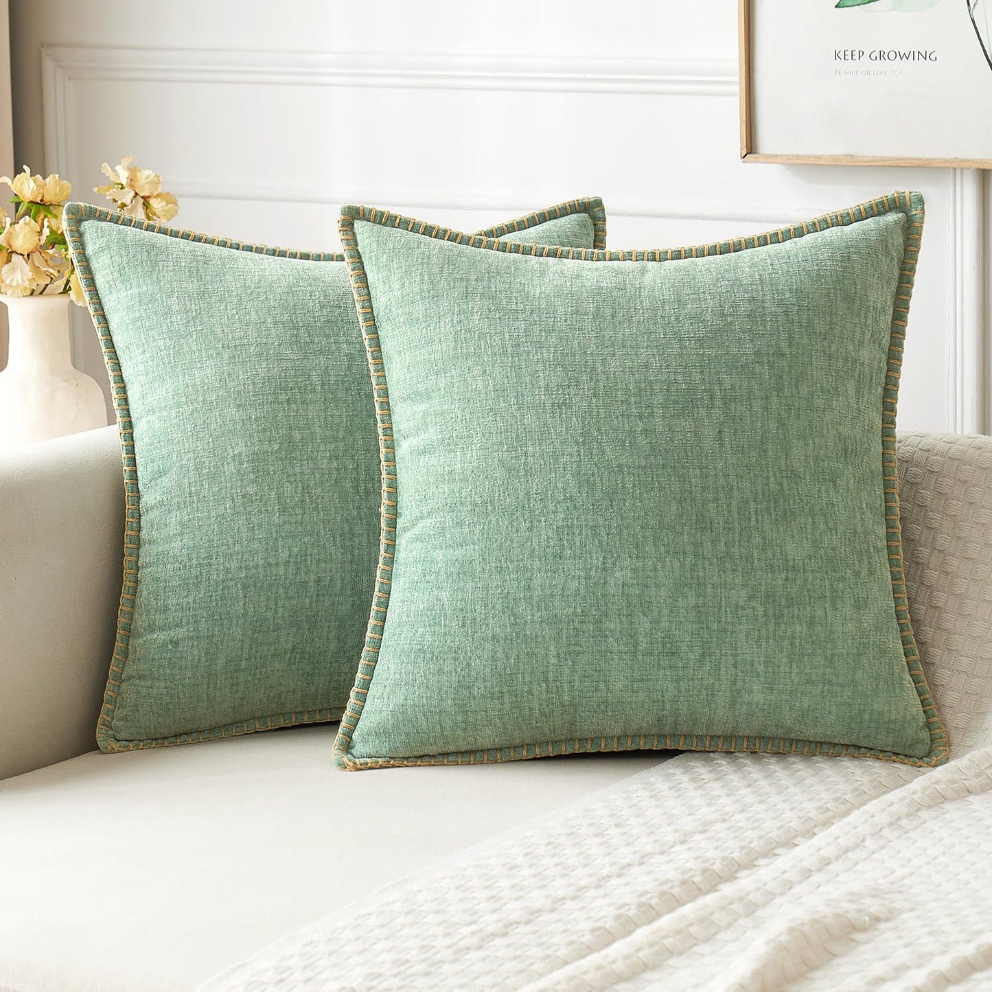 MIULEE Decorative Couch Throw Pillow Covers 18x18 Inch Sage Green 2 Pack | Farmhouse Pillow Covers with Stitched Edge, Soft Chenille Cushion Cases, for Sofa Bed Living Room Home Decor