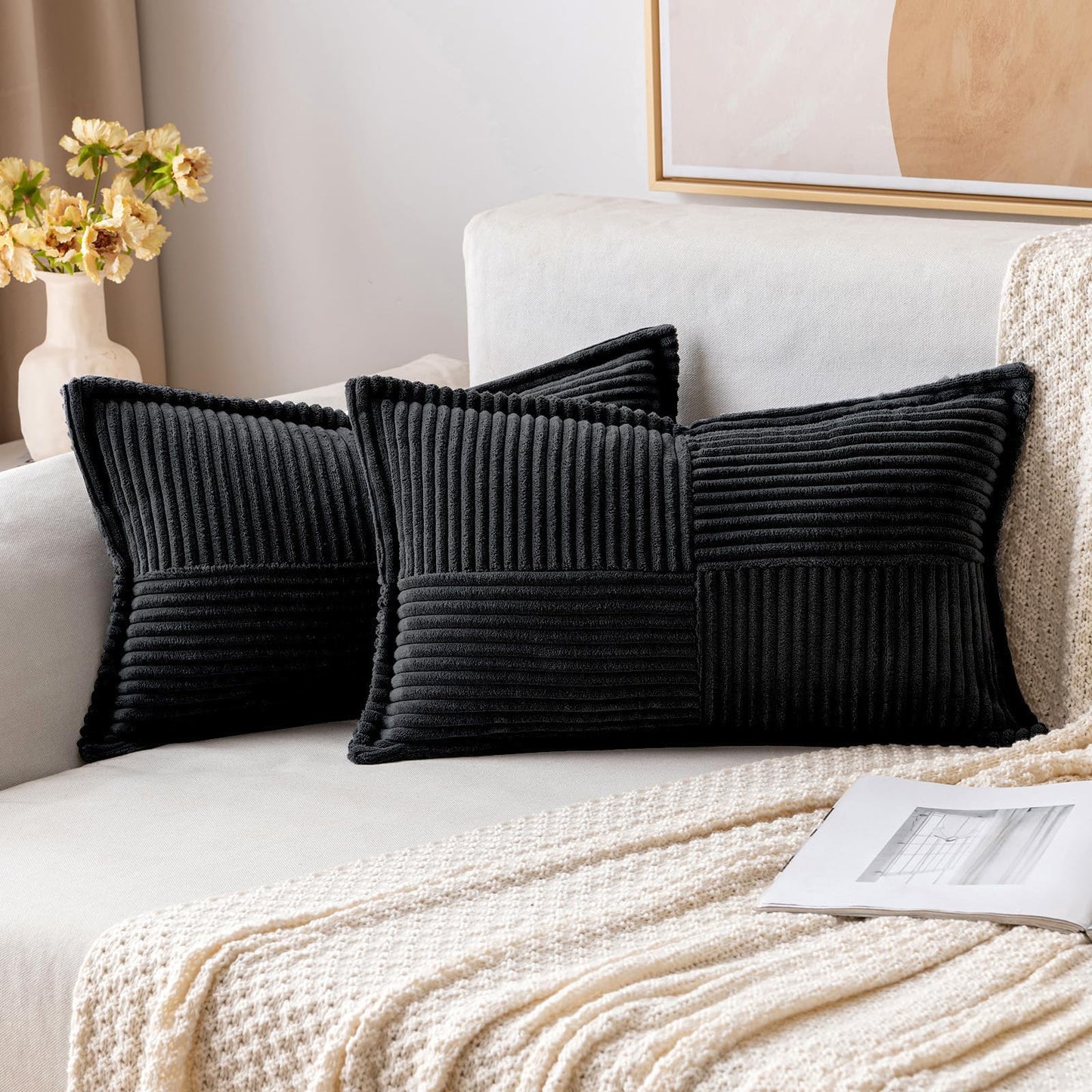 MIULEE Decorative Throw Pillow Covers for Couch 18x18 Inch Beige 2 Pack | Boho Broadside Striped Patchwork Pillow Covers, Soft Corduroy Cushion Cases, For Sofa Bed Livingroom Home Decor